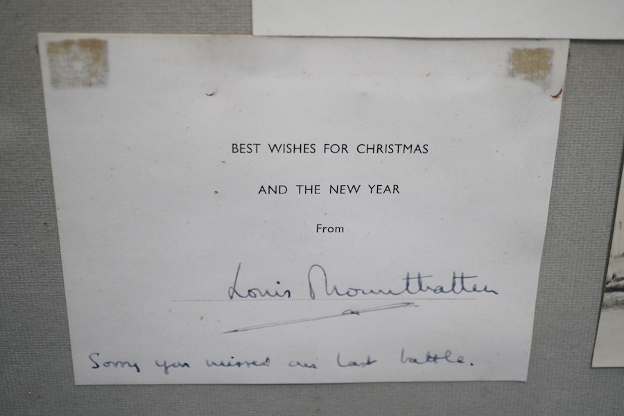 Lord Mountbatten interest; a signed portrait photograph, framed together with a Christmas card signed Louis Mountbatten with a personal note to the recipient; ‘Sorry you missed our last battle’, two naval photographs and